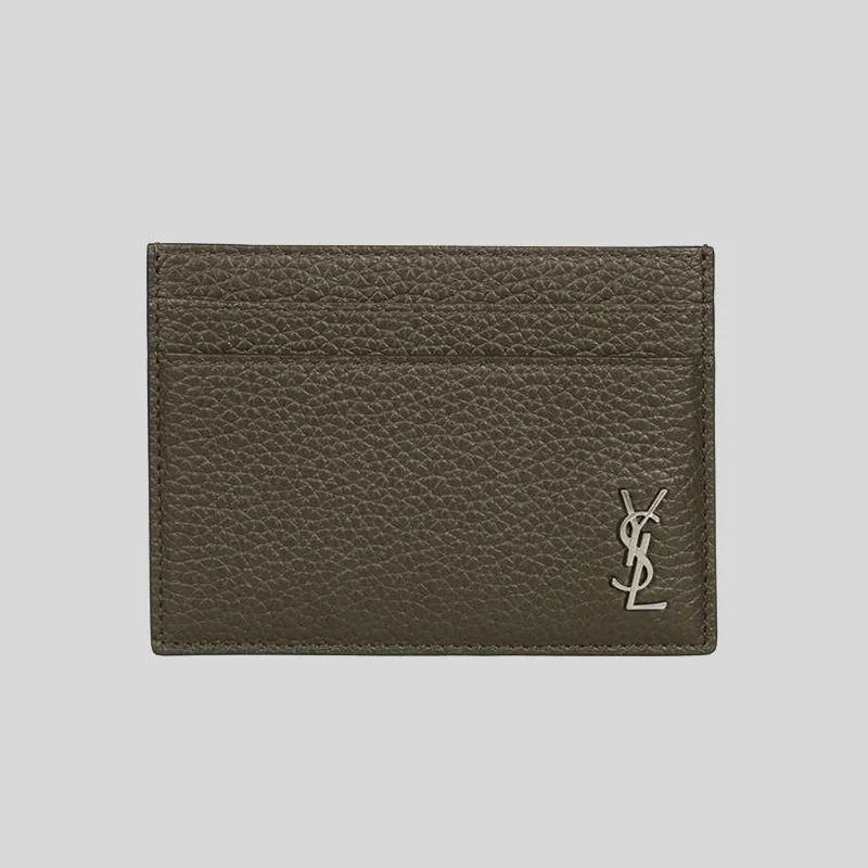 SAINT LAURENT YSL Tiny Cassandre Card Case In Grained Leather Dark Khaki 607603DTI0E