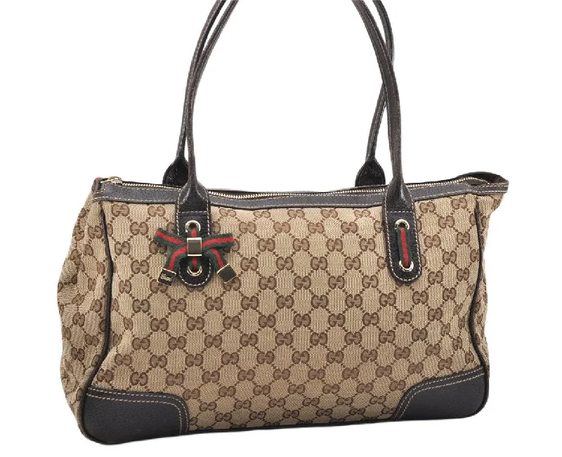 Auth GUCCI Web Sherry Line Princy Ribbon Tote Bag GG Canvas 177052 Brown 6641K