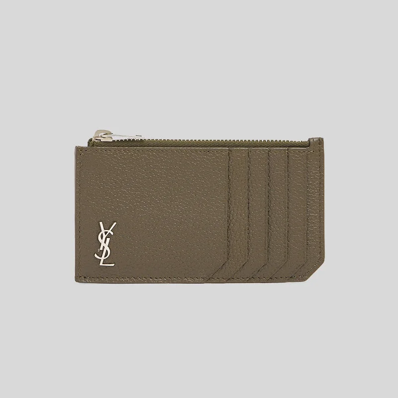 SAINT LAURENT YSL Tiny Cassandre Fragments Zipped Card Case In Grained Leather Dark Khaki 629899