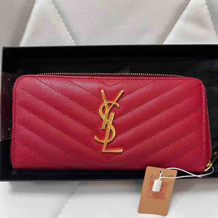 Ysl Classic Monogram Zip Around Matelasse Chevron Wallet, Red Leather