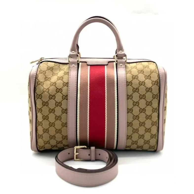 Gucci Beige Stripe Canvas Pink Leather Two-Way Boston Bag Medium