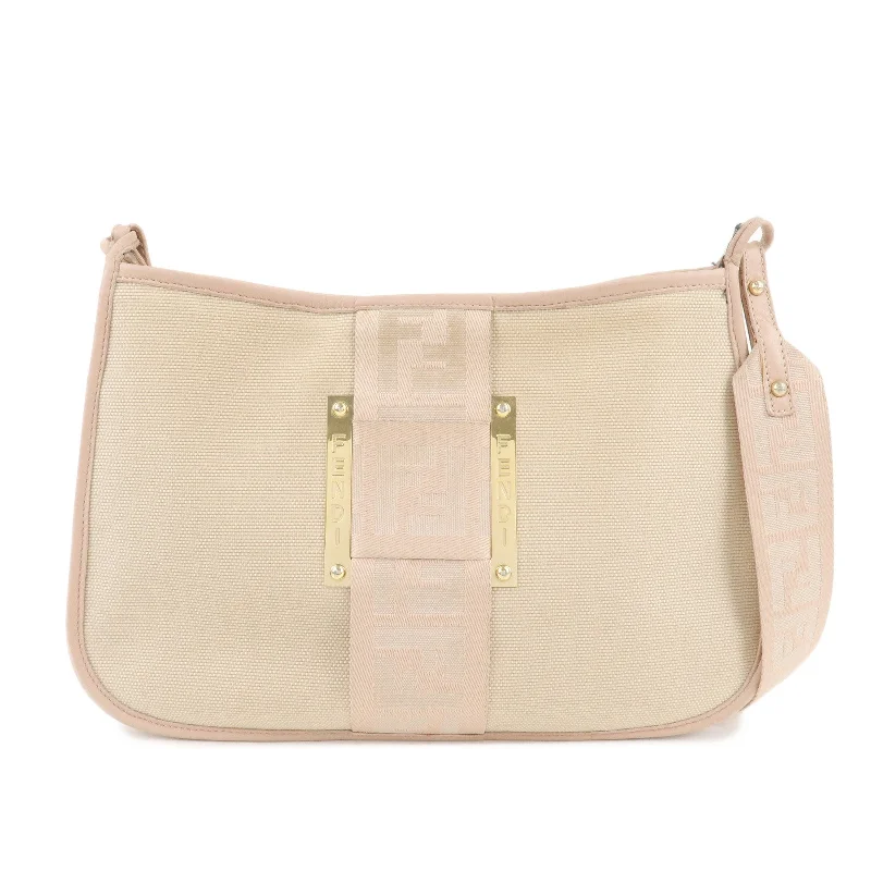 FENDI Logo Canvas Leather Shoulder Bag Beige Pink 8BT084