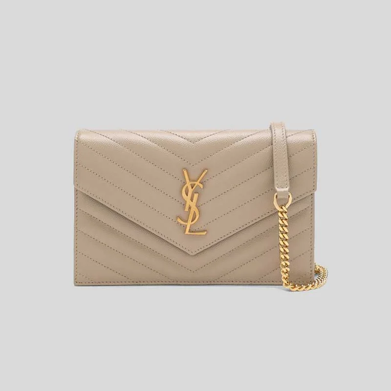 SAINT LAURENT YSL Matelasse Envelope Chain Wallet In Grain De Poudre Embossed Leather Dark Beige/Gold 742920BOW01