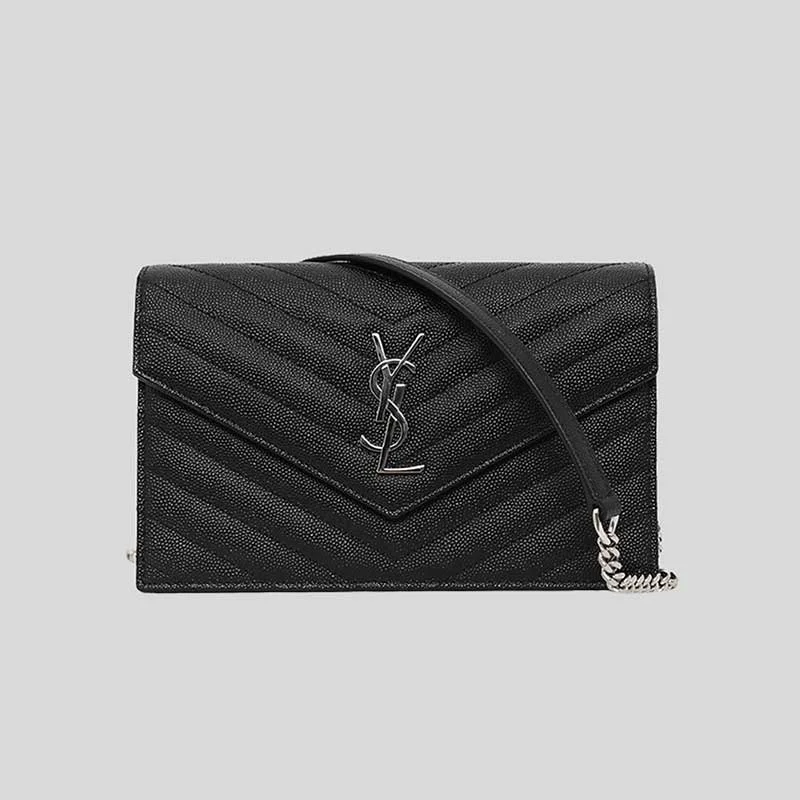 SAINT LAURENT YSL Matelasse Envelope Chain Wallet In Grain De Poudre Embossed Leather Black/Silver 742920BOW02