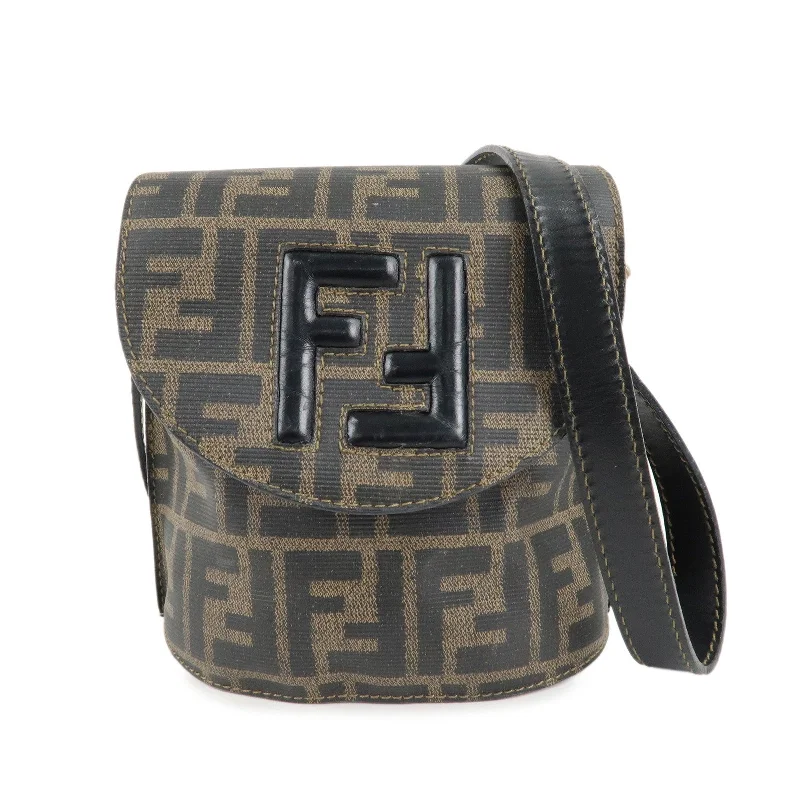 FENDI Zucca Logo Print PVC Leather Shoulder Bag Black Brown