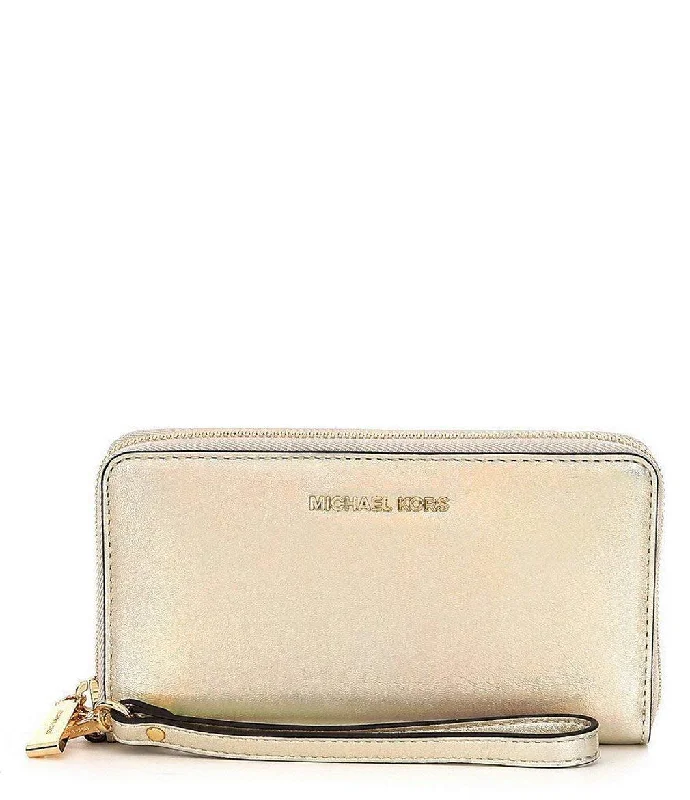 Michael Kors Large Flat Pale Gold Leather Multifunction Phone Case Wristlet