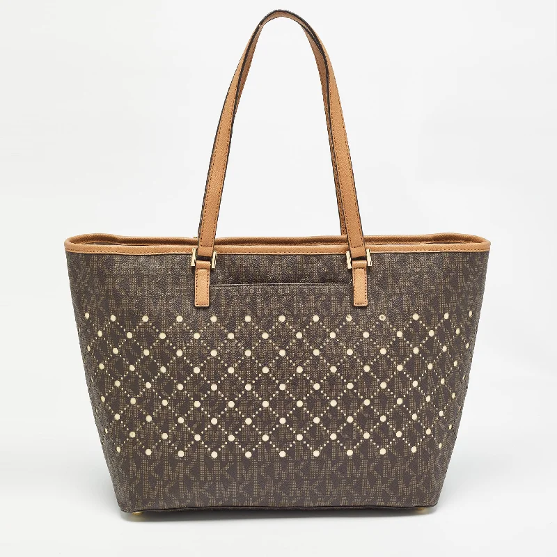 Brown Signature Coated Canvas and Leather Jet Set Violet Tote