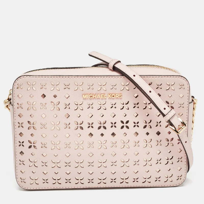 Light Pink Leather Lasercut East West Crossbody Bag