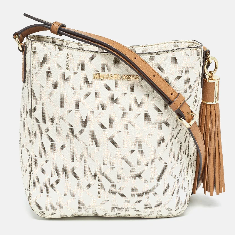 White Signature Coated Canvas and Leather Tassel Messenger Bag