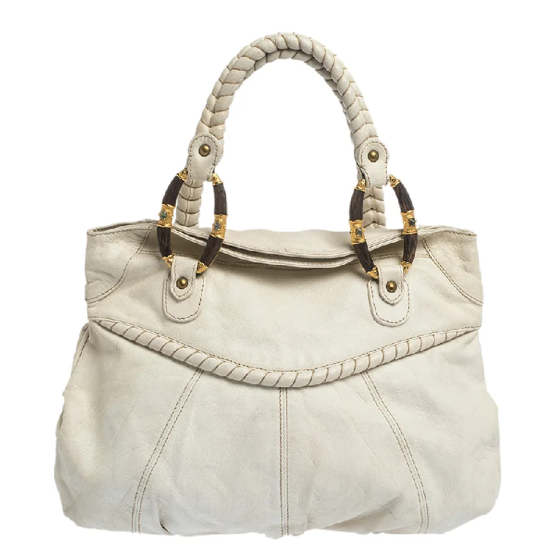 White Leather Braided Handle Hobo