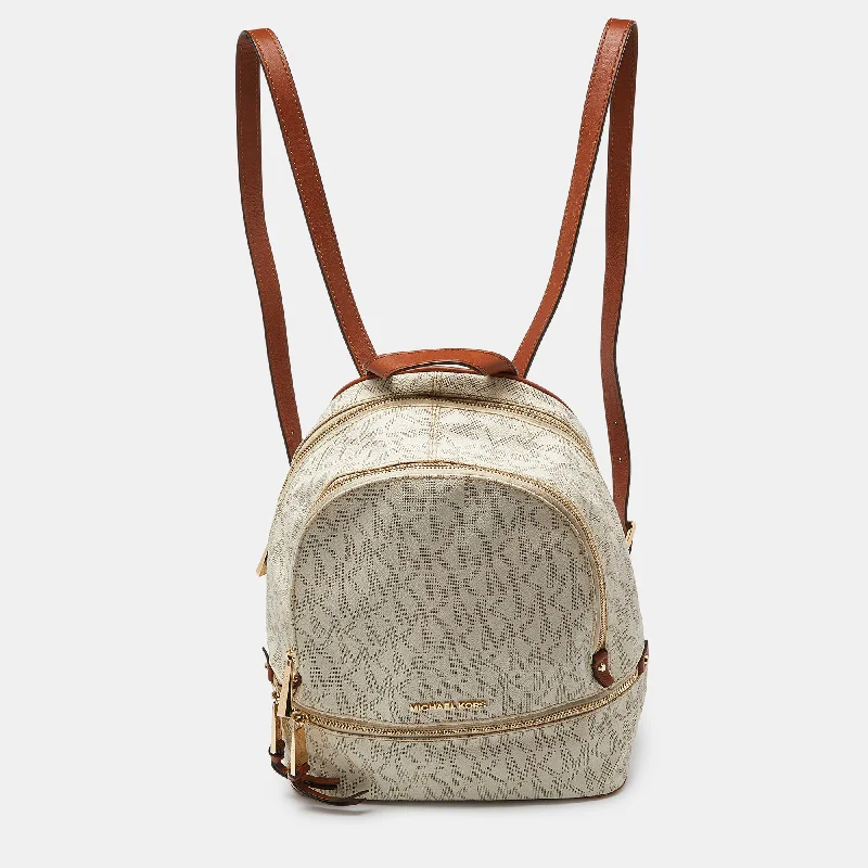 White/Tan Signature Coated Canvas and Leather Medium Rhea Backpack