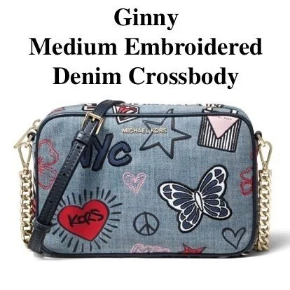 MICHAEL KORS GINNY MEDIUM EMBROIDERED DENIM CROSSBODY Bag New