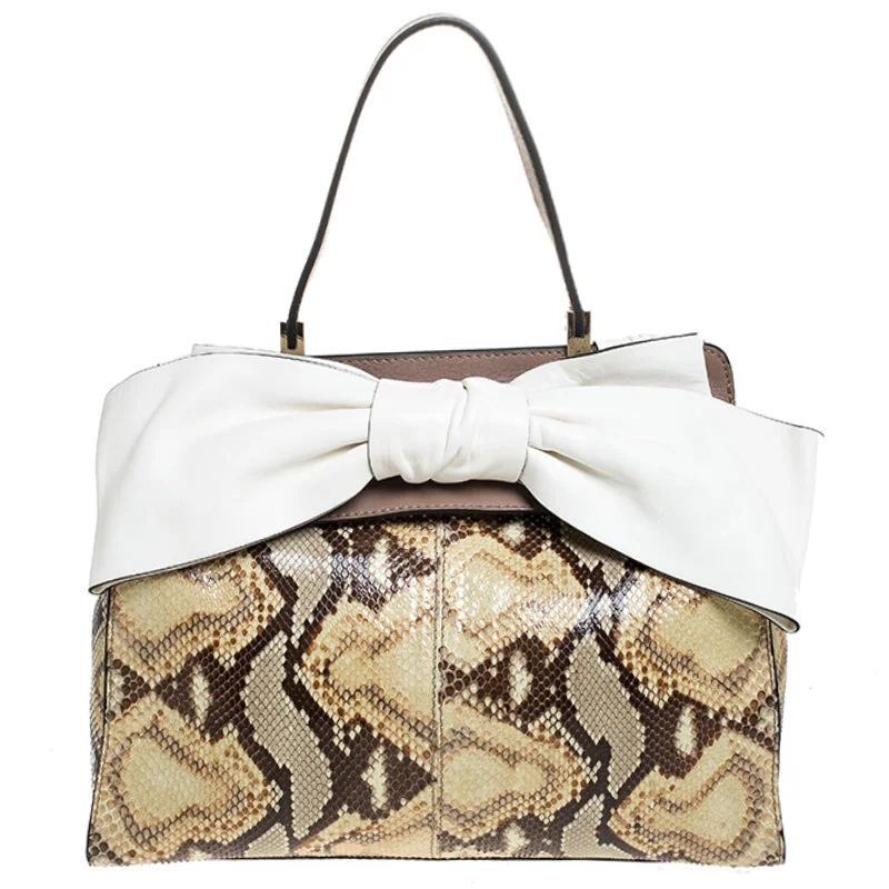 Black/Beige Python Print Raffia and Patent Leather Aphrodite Bow Bag