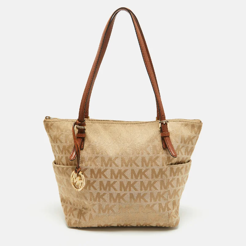 Beige/Brown Signature Canvas and Leather Jet Set Top Zip Tote