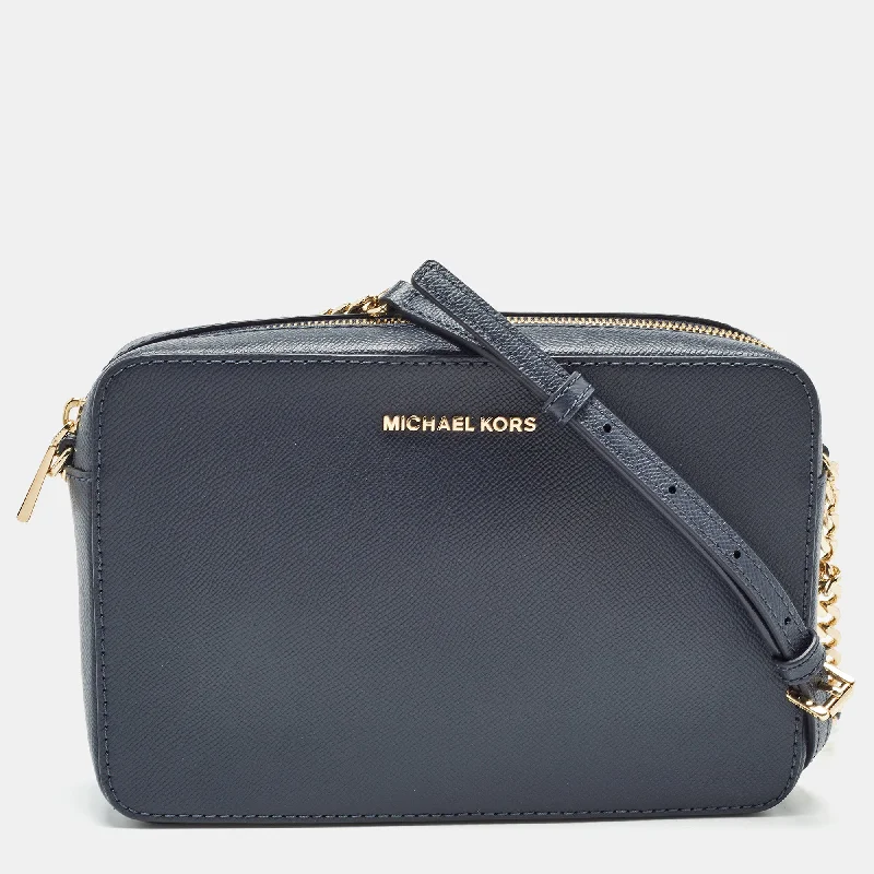 Navy Blue Leather Jet Set East West Crossbody Bag