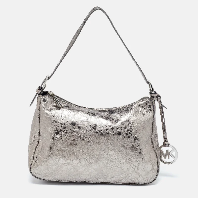 Metallic Grey Textured Patent and Leather Logo Charm Shoulder Bag