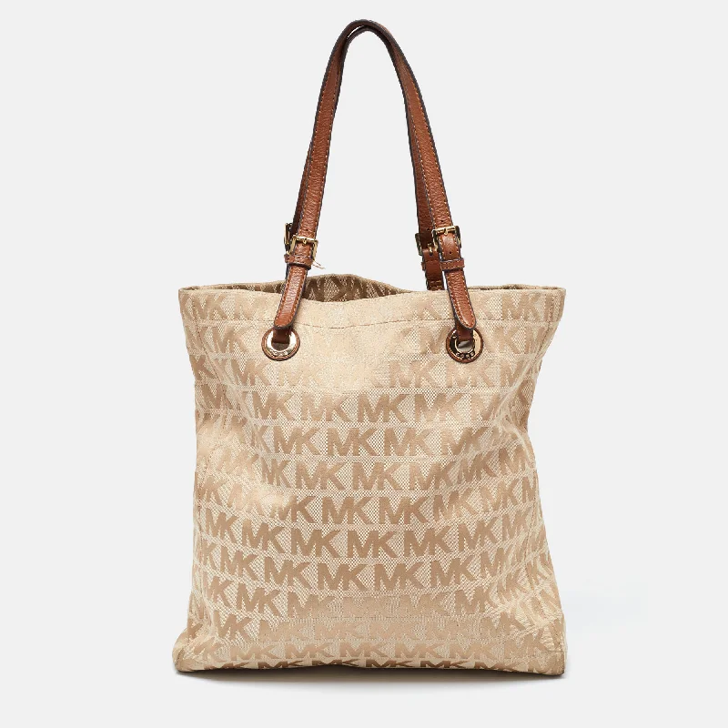 Beige/Brown Signature Canvas and Leather North South Tote