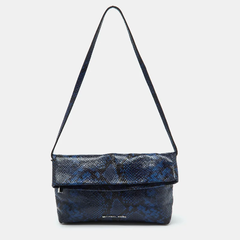 MICHAEL Blue Python Embossed Leather Foldover Shoulder Bag