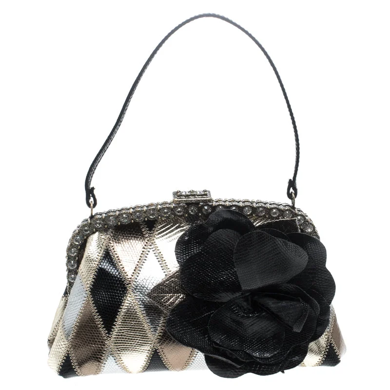 Metallic Lizard Embossed Leather Crystal Embellished Bag