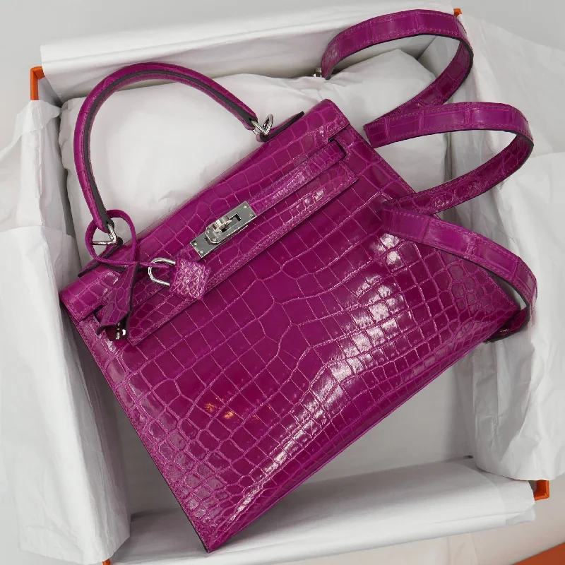 Hermès 25cm Kelly Sellier Rose Pourpre Shiny Niloticus Palladium Hardware