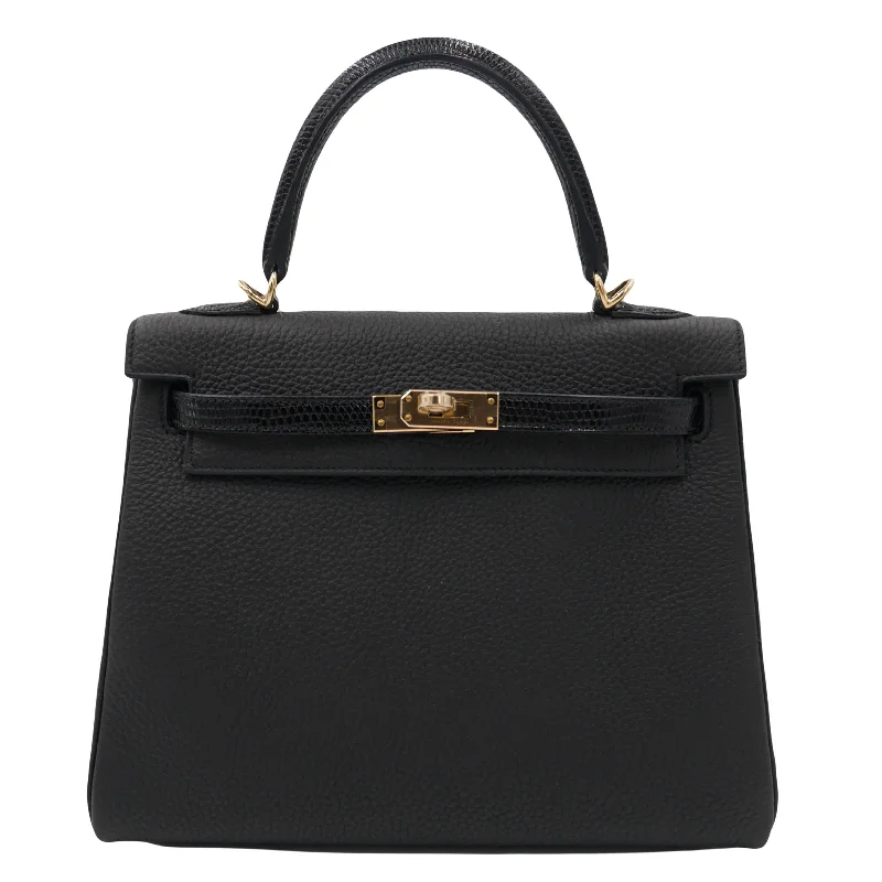 Hermès 25cm Kelly Touch Black Lizard/Togo Gold Hardware