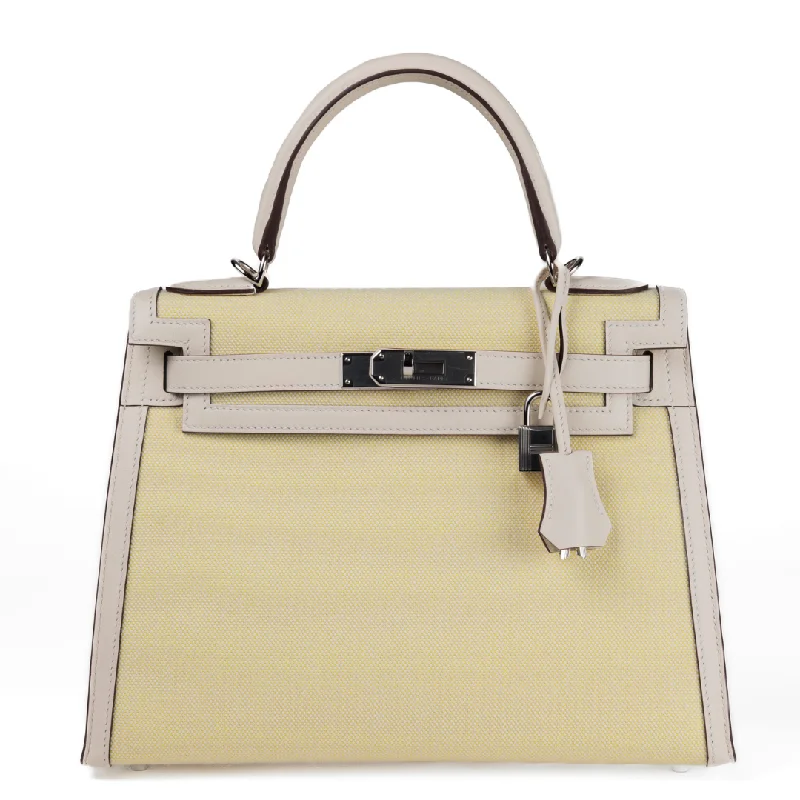 Hermes 28cm Beton Swift & Vert Fizz Toile Sellier Kelly w/ Palladium Hardware