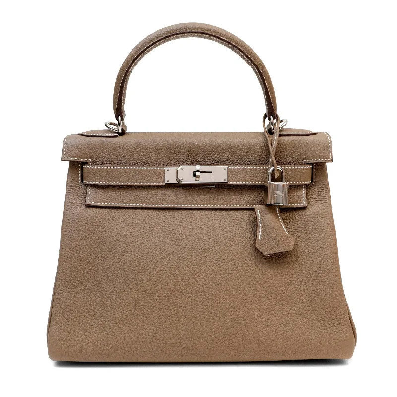 Hermes 28cm Etoupe Togo Kelly w/ Palladium Hardware & White Stitching