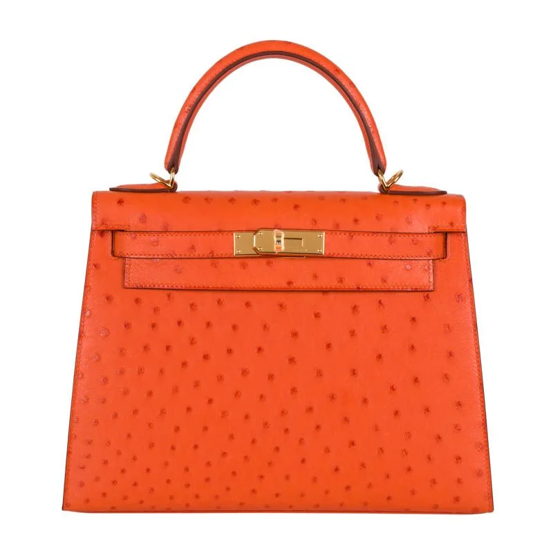 Hermès 28cm Kelly Sellier Tangerine Ostrich Gold Hardware