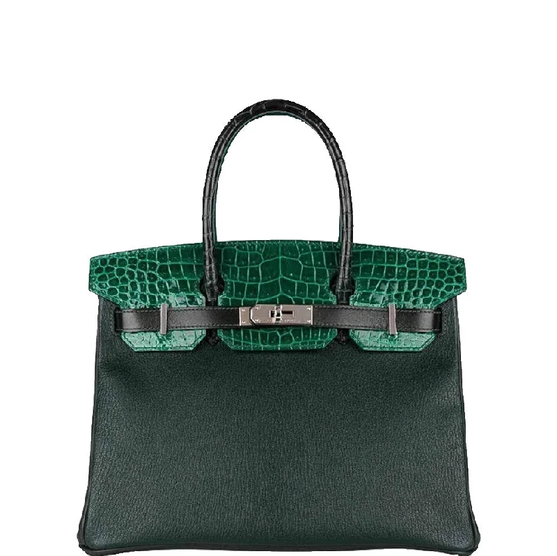 Hermès Birkin 30 Vert Emeraude Porosus Crocodile, Vert Titien Multi-Leather & Rose Azalée Patchwork Palladium Hardware