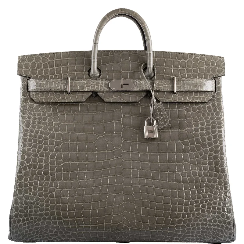 Hermès Birkin 50 HAC Gris Tourterelle Shiny Porosus Crocodile Palladium Hardware