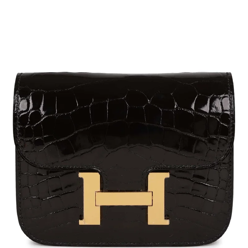 Hermes Constance Slim Wallet Shiny Black Alligator Gold Hardware