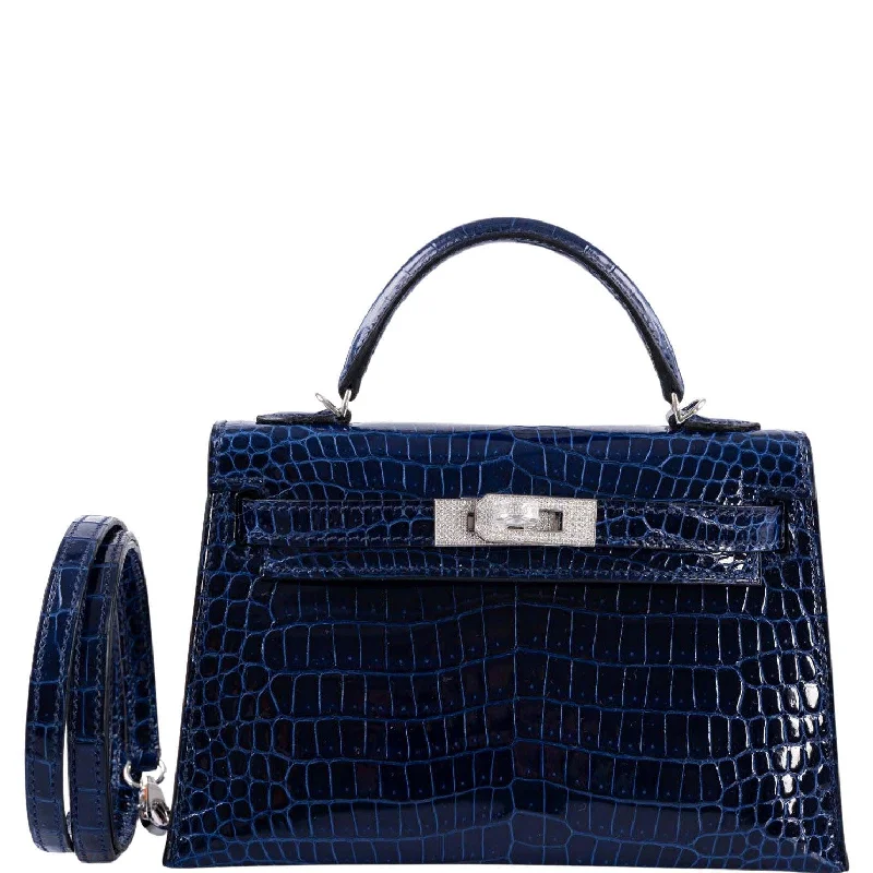 Hermès Kelly 20 Mini II Sellier Blue Sapphire Porosus Crocodile White Gold Hardware with Diamonds