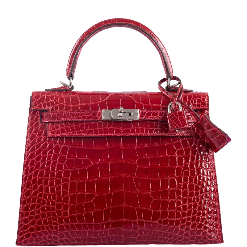 Hermès Kelly 25 HSS Sellier Braise Shiny Alligator and Rose Shocking Interior Palladium Hardware