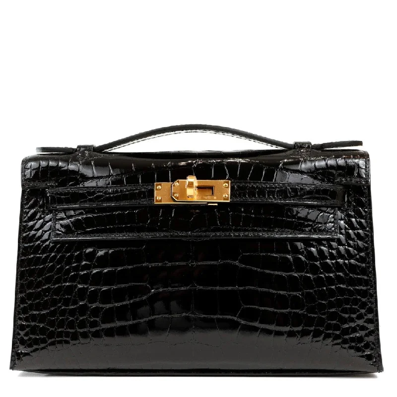 Hermes Kelly Black Pouchette Croc w/ Gold Hardware