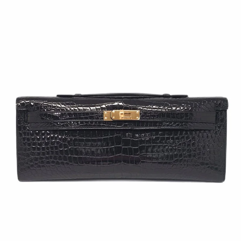 Hermès Kelly Cut Black Shiny Crocodile Porosus Gold Hardware