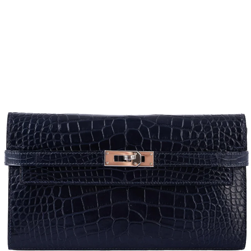 Hermès Kelly Longue Wallet Blue Marine Matte Alligator with Palladium Hardware