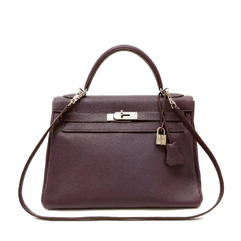 Hermès 32cm Raisin Clemence Kelly Bag with Palladium