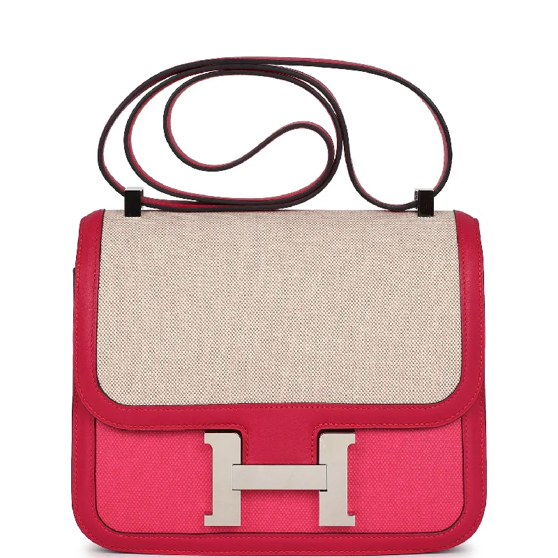 Pre-owned Hermes Constance 24 Rose Shocking and Ecru Toile H Berline and Framboise Swift Palladium Hardware