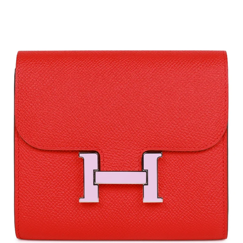 Pre-owned Hermes Constance Compact Wallet Rouge de Coeur Epsom Rose Sakura Enamel and Palladium Hardware