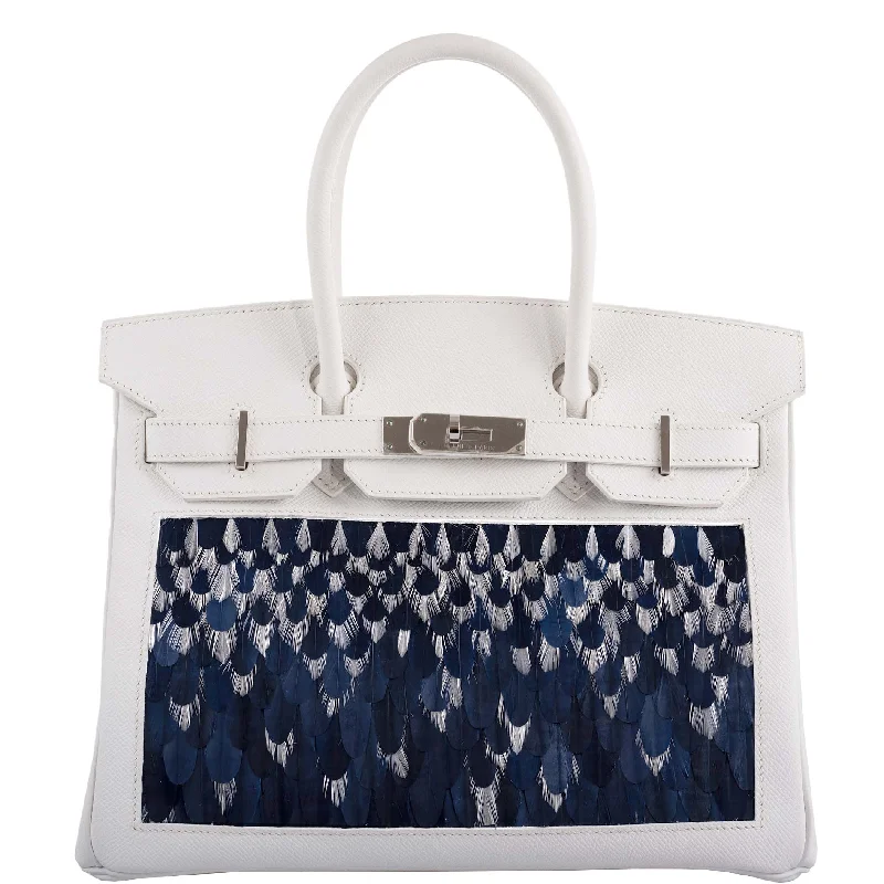 Vintage Hermès Birkin 30 White Epsom with Custom Feather Panel & Palladium Hardware - 2010, N Square